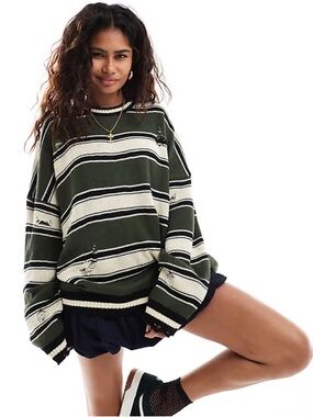 The Ragged Priest Oversized Distressed Striped Sweater